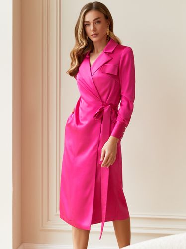 Атласне плаття на запах з лацканами та декоративними клапанами, Рожевий, S