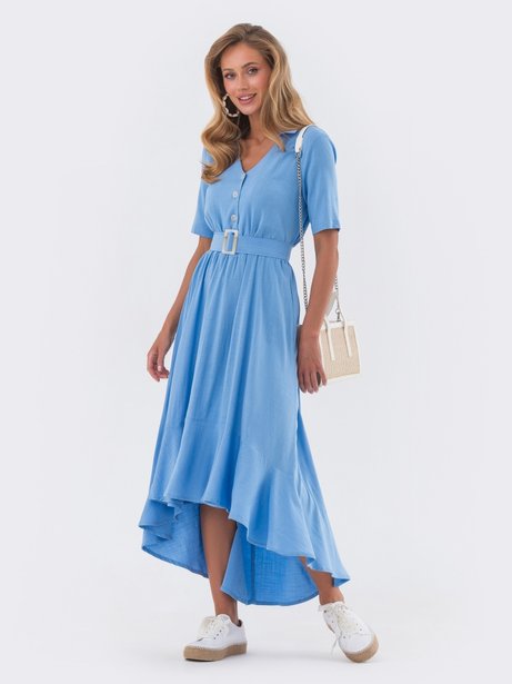 Сукня з V-подібним вирізом горловини та короткими рукавами, Блакитний, S