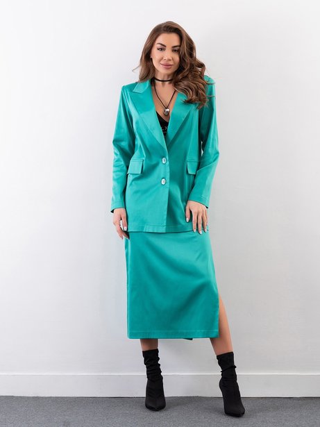 Класичний шовковий костюм із спідницею з розрізом збоку, Зелений, XL