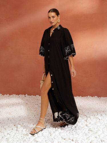 Лляна сукня з відкладним коміром вільного крою з вишивкою, Чорний, M-2XL