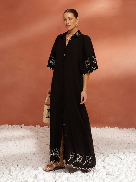 Лляна сукня з відкладним коміром вільного крою з вишивкою, Чорний, M-2XL