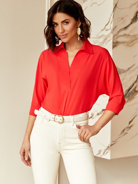 Елегантна блузка з рукавами летюча миша, Червоний, XL