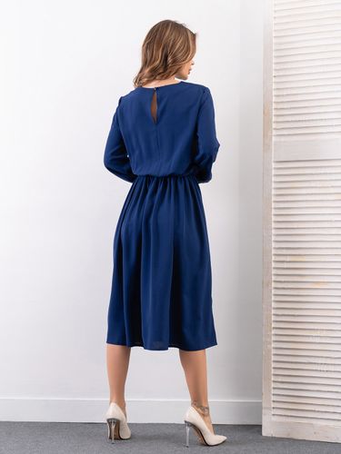 Класична сукня з гумкою на талії та кишенями, Синій, XL