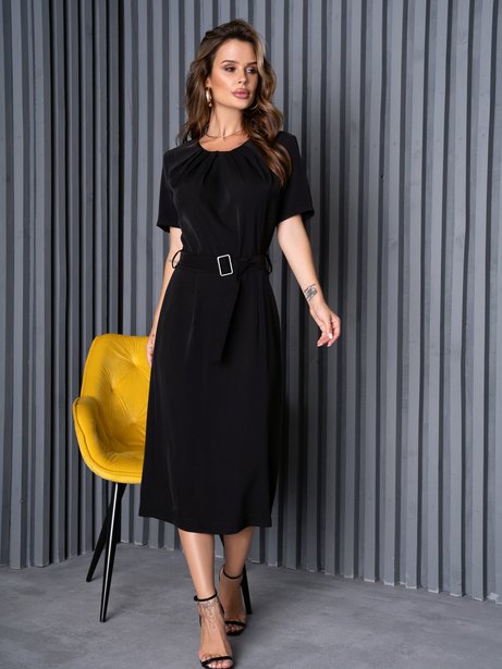 Класична сукня з короткими рукавами і збірками у горловині, Чорний, XL