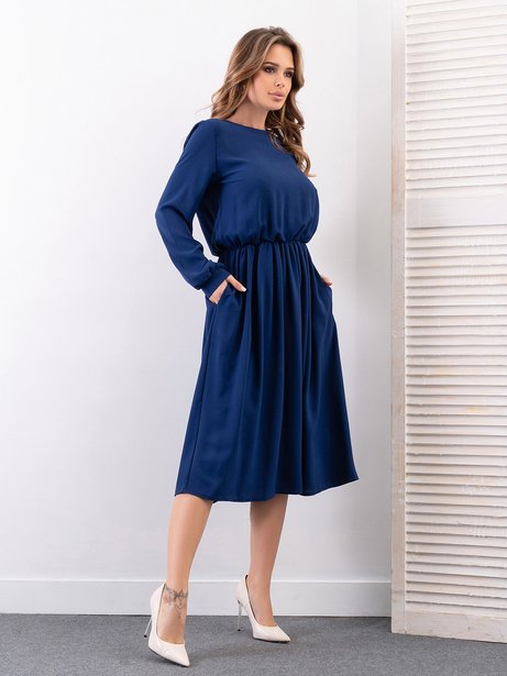 Класична сукня з гумкою на талії та кишенями, Синій, 2XL