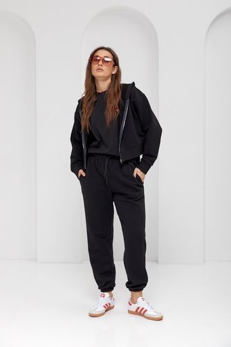 Спортивний костюм з укороченим зіп-худі та джогерами, Чорний, L-XL