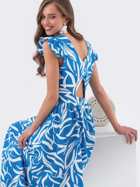 Сукня-кльош із принтом та оригінальним вирізом по спинці, Блакитний, S