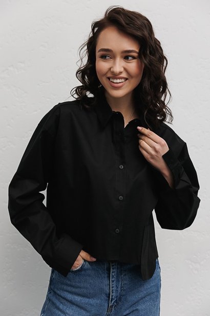 Укорочена сорочка з кишенею в низу, Чорний, One Size