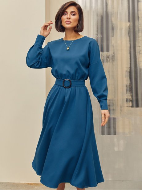 Стильна сукня-міді з розкльошеною спідницею, Синій, S-M