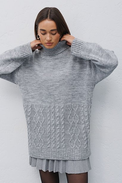 В'язаний светр оversize з візерунками, Сірий, One Size
