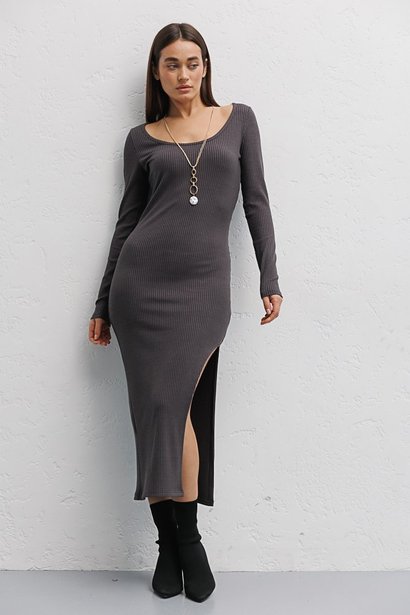 Трикотажна сукня з фігурним розрізом на нозі, Сірий, S