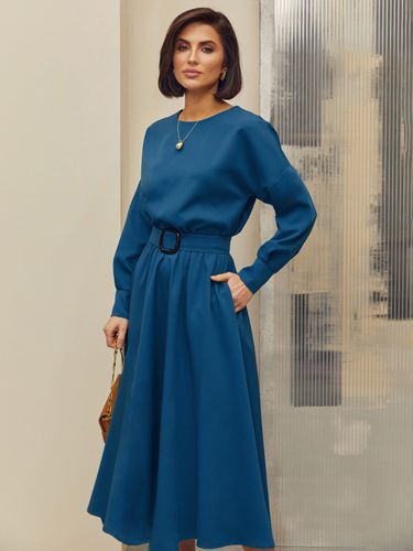 Стильна сукня-міді з розкльошеною спідницею, Синій, 2XL-3XL