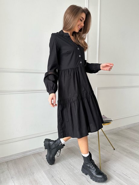 Чорна сукня-сорочка бавовняна з мереживними вставками, Чорний, S