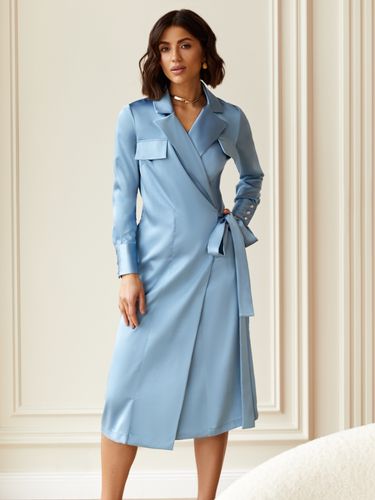 Атласне плаття на запах з лацканами та декоративними клапанами, Блакитний, XL