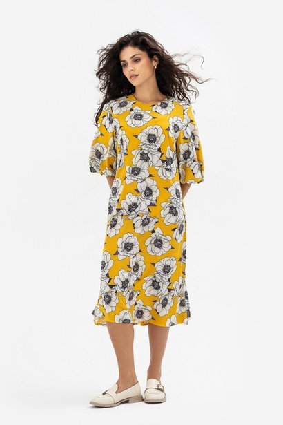 Сукня з квітковим принтом та пишними рукавами, Жовтий, S