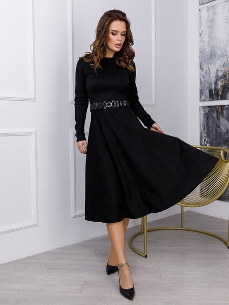 Класичне плаття з еко-замші та міді спідницею-дзвоном, Чорний, S