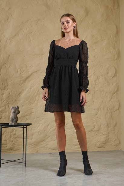 Коротка сукня з рукавами зібраними на резинку, Чорний, XS