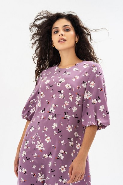Сукня з квітковим принтом та пишними рукавами, Фіолетовий, S