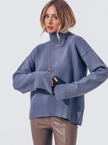 Оверсайз светр зі спущеною лінією плечового шва та з високою горловиною, Синій, S-L