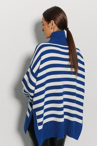 Смугастий в'язаний светр з високим коміром, Синій, One Size