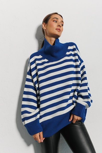 Смугастий в'язаний светр з високим коміром, Синій, One Size