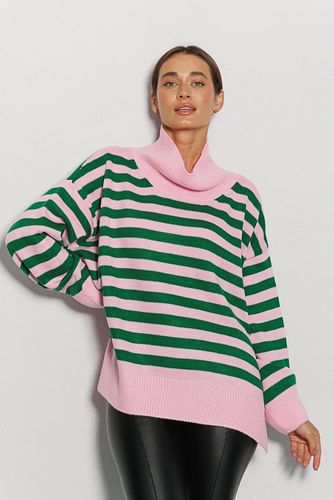 Смугастий в'язаний светр з високим коміром, Рожевий, One Size