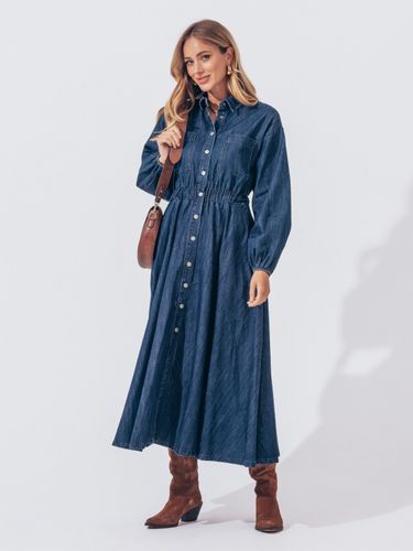 Джинсова сукня-сорочка із відкладним коміром, Синій, S-M