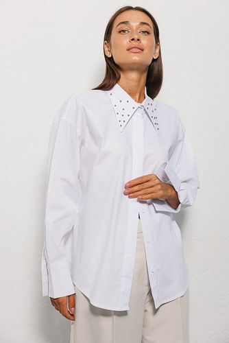 Сорочка з намистинками на комірі, Білий, One Size
