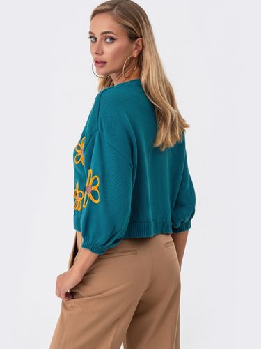 Укорочений светр з квітковою аплікацією, Бірюзовий, S-M