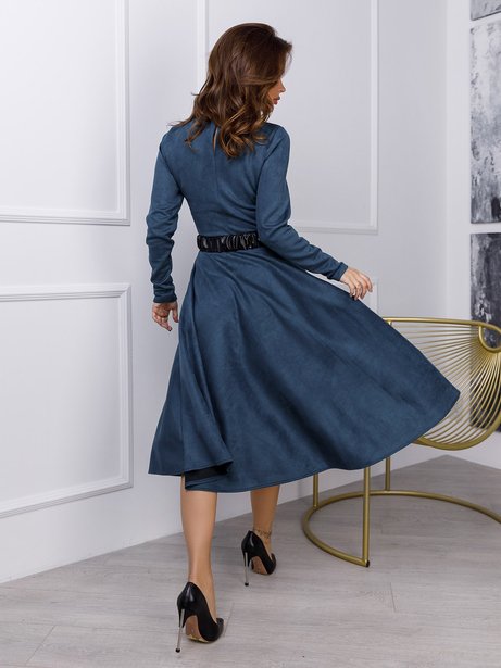 Класичне плаття з еко-замші та міді спідницею-дзвоном, Бірюзовий, XL