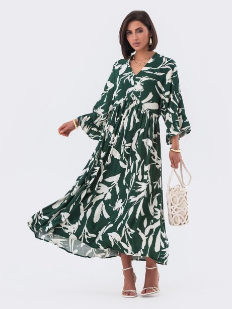 Сукня А-силуету з рюшами на рукавах, Зелений, One Size