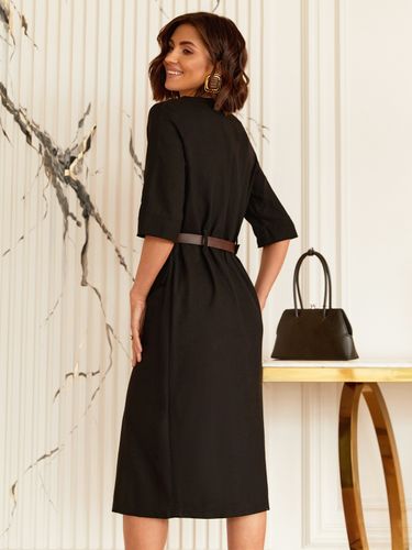 Стильна сукня-сорочка з круглою горловиною та рукавами ¾, Чорний, L