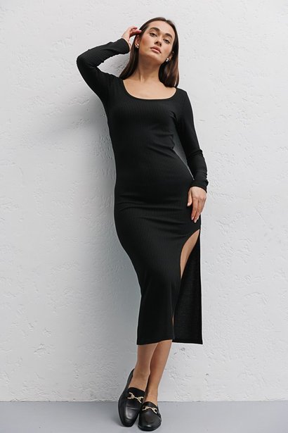 Трикотажна сукня з фігурним розрізом на нозі, Чорний, S
