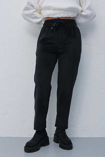 Велюрові штани з текстурою у вертикальний рубчик, Чорний, S