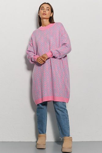 Модна в'язана сукня oversize з геометричними візерунками, Рожевий, One Size