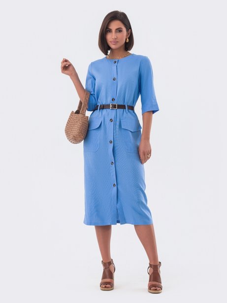Стильна сукня-сорочка з круглою горловиною та рукавами ¾, Блакитний, L