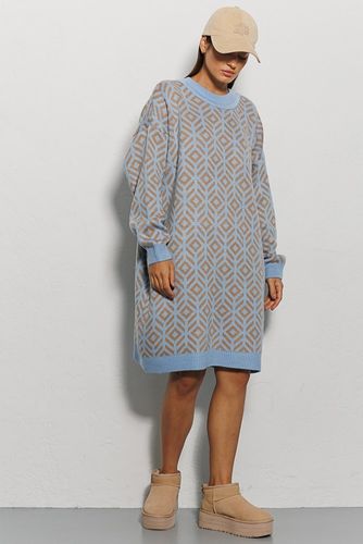 Модна в'язана сукня oversize з геометричними візерунками, Блакитний, One Size