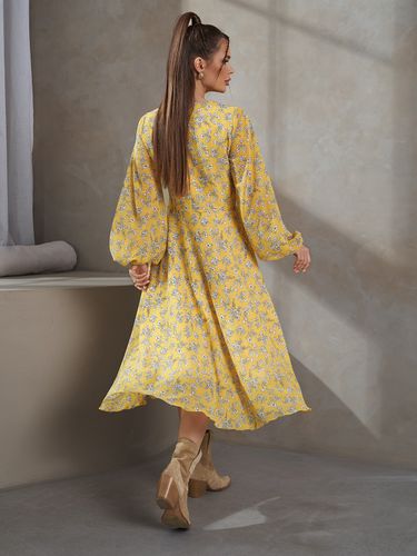 Сукня шифонова в квітковий принт з рукавами-ліхтариками, Жовтий, S