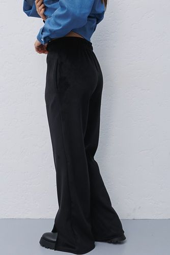 Теплі штани з велюру із вертикальними швами та розрізами, Чорний, S-M