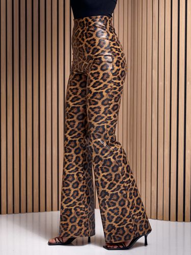 Леопардові штани кльош з еко-шкіри, Бежевий, S