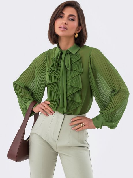 Блузка з фактурними рукавами та рюшами, Зелений, L-XL