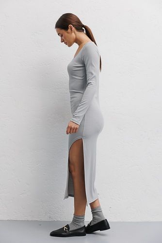 Трикотажна сукня з фігурним розрізом на нозі, Оливковий, S