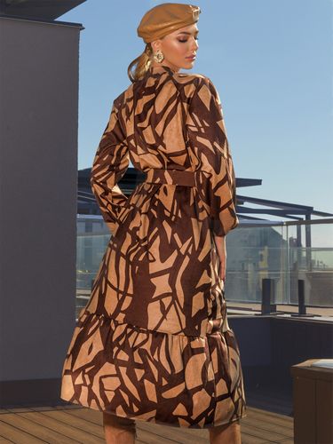 Сукня в геометричний принт з поясом, Бежевий, M-2XL