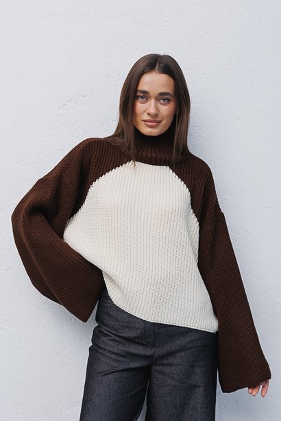 Укорочений светр у двокольоровому дизайні, Коричневий, One Size