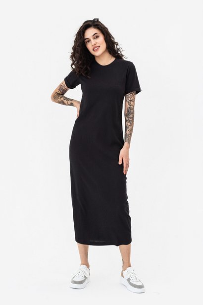 Трикотажна сукня в рубчик довжини максі, Чорний, S