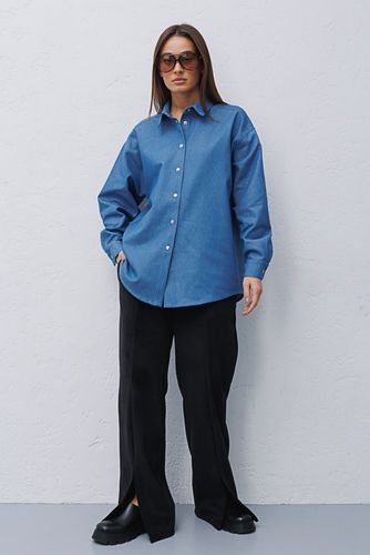 Котонова сорочка з текстурою джинс у стилі oversize, Синій, One Size