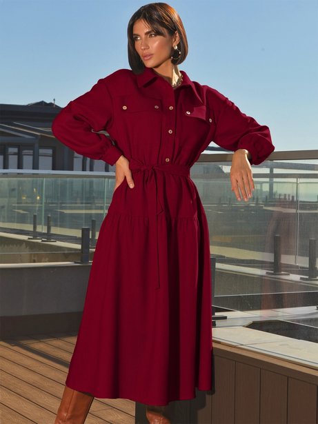 Кашемірова сукня-сорочка з поясом, Бордо, S-M