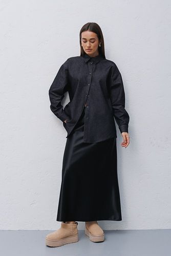 Котонова сорочка з текстурою джинс у стилі oversize, Чорний, One Size