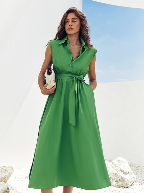 Сукня-кльош з бавовни з відкладним коміром, Зелений, S