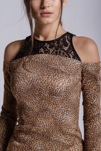Сукня з леопардовим принтом та мереживною кокеткою, Бежевий, S